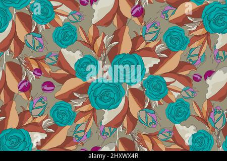 Vector floral seamless pattern. Background with aquamarine flowers. Stock Vector