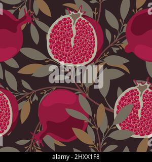 Art floral vector seamless pattern. Pomegranate tree with maroon fruits and leaves.  Stock Vector