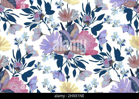 Vector floral seamless pattern. Background with colorful multi-colored flowers. Stock Vector