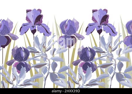 Vector floral seamless pattern, border. Horizontal panoramic illustration with lilac iris flowers. Stock Vector