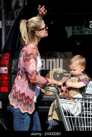 Ali Larter and son Theodore MacArthur are seen out and about in Los Angeles Stock Photo