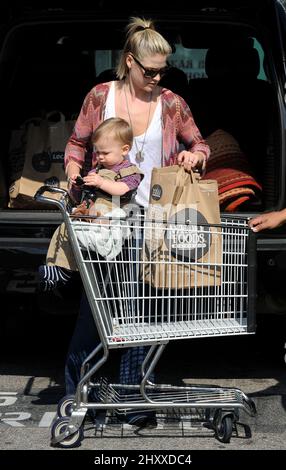 Ali Larter and son Theodore MacArthur are seen out and about in Los Angeles Stock Photo