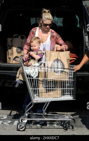 Ali Larter and son Theodore MacArthur are seen out and about in Los Angeles Stock Photo