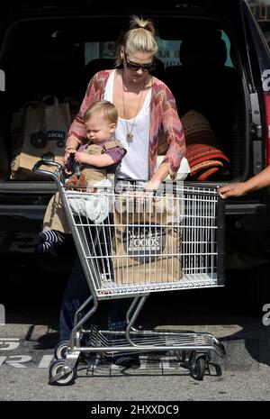 Ali Larter and son Theodore MacArthur are seen out and about in Los Angeles Stock Photo