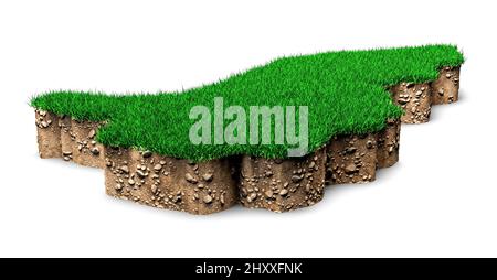 3D illustration of Ireland's map soil land geology cross section with green grass Stock Photo