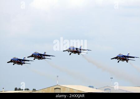 'Patrouille de France' aerobatic team, consisting of 8 'Alpha Jet E' aircraft. Stock Photo