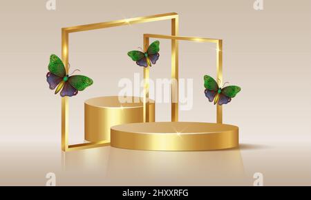 3d empty stage with gold square archs decorated with colorful butterflies, vector isolated on beige background. Set Showcase with blank podium Stock Vector