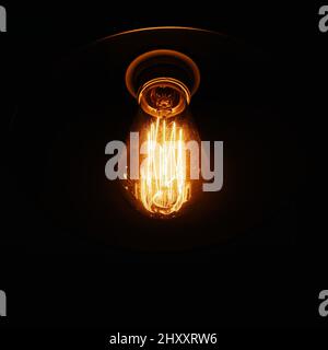 One vintage lamp in glass flask with a tungsten thread inside on dark background for modern interior. Stock Photo