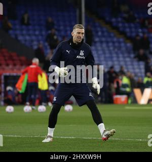 London, UK. 14th Mar, 2022. Crystal Palace Goalkeeper Vicente Guaita warms up during the Premier League match between Crystal Palace and Manchester City at Selhurst Park, London, England on 14 March 2022. Photo by Ken Sparks. Editorial use only, license required for commercial use. No use in betting, games or a single club/league/player publications. Credit: UK Sports Pics Ltd/Alamy Live News Stock Photo