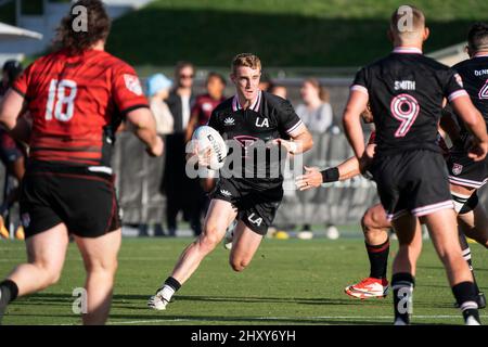 Los Angeles Giltinis fullback Jordan Trainor (15) runs the ball during a MLR match against the Utah Warriors, Sunday, March 13, 2022, at the Los Angel Stock Photo