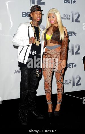 Nicki Minaj and Tyga backstage at the BET Awards on Sunday, July 1, 2012, in Los Angeles. Stock Photo