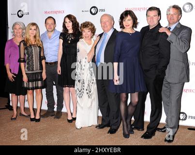 Julian Fellowes, Michelle Dockery, Rebecca Eaton, Gareth Neame, Joanne Froggatt, Brendan Coyle, Shirley MacLaine, Hugh Bonneville and Elizabeth MacGovern during the 'Downton Abbey' photo call held at the Beverly Hilton Hotel, California Stock Photo