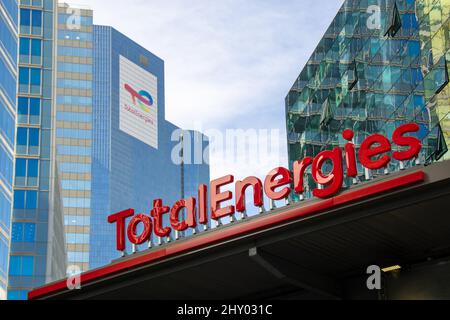 Exterior view of the tower of the headquarters of the oil company TotalEnergies, formerly known as Total, in the business district of Paris La Defense Stock Photo