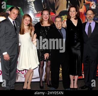 Billy Magnussen, Genevieve Angelson, Kristine Nielsen, Nicholas Martin, Sigourney Weaver and David Hyde Pierce at the 'Vanya and Sonia and Masha and Spike' Opening Night held at the Mitzi E. Newhouse Theater on November 12, 2012. Stock Photo