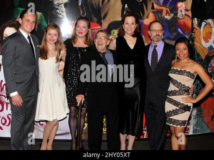 Billy Magnussen, Genevieve Angelson, Kristine Nielsen, Nicholas Martin, Sigourney Weaver, David Hyde Pierce and Shalita Grant at the 'Vanya and Sonia and Masha and Spike' Opening Night held at the Mitzi E. Newhouse Theater on November 12, 2012. Stock Photo