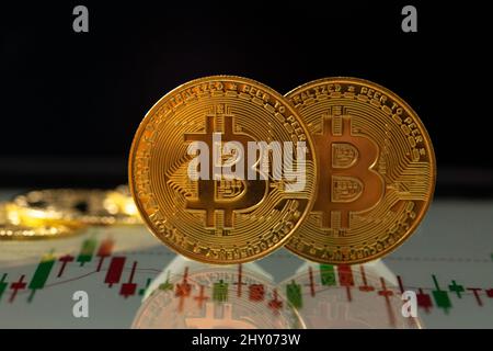 Sao Paulo, Sao Paulo, Brazil. 13th Mar, 2022. Gold Bitcoin crypto currency on background of chart diagram. (Credit Image: © Paulo Lopes/ZUMA Press Wire) Stock Photo
