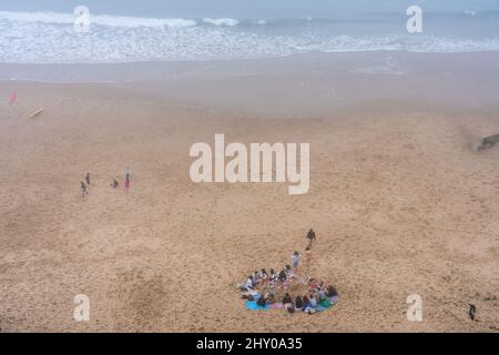 A foggy day on Long Sands beach in Tynemouth, England Stock Photo