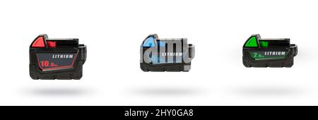Batteries for cordless tools, a large set of tools from different angles. Batteries for a screwdriver of different capacities and different sizes Stock Photo