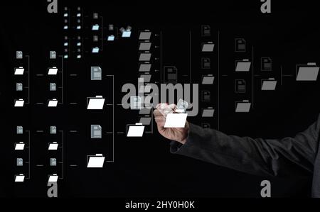 Scheme of automation of electronic document management and male hand. Transfer and archiving of documents Stock Photo