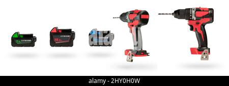 Batteries for cordless tools, a large set of tools from different angles. Batteries for a screwdriver of different capacities and different sizes Stock Photo