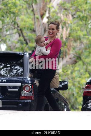 Hilary Duff and son Luca seen out and about in Los Angeles, California. Stock Photo