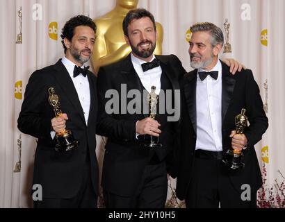 George Clooney, Grant Heslov & Ben Affleck attending the 85th Academy Awards Press Room in Los Angeles, California. Stock Photo