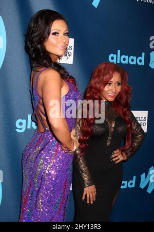 Jenni 'JWoww' Farley & Nicole 'Snookie' Polizz attending the 24th GLAAD Media Awards at the Marriott Marquis Hotel in New York. Stock Photo