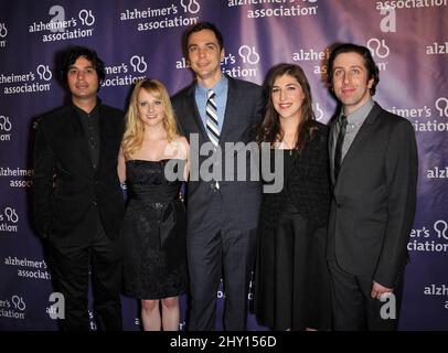 Kunal Nayyar, Melissa Rauch, Jim Parsons, Mayim Bialik & Simon H attending the 21st Annual 'A Night at Sardi's' benefitting the Alzheimer's Association at Hilton Hotel in Los Angeles, USA. Stock Photo