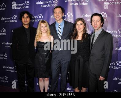 Kunal Nayyar, Melissa Rauch, Jim Parsons, Mayim Bialik & Simon H attending the 21st Annual 'A Night at Sardi's' benefitting the Alzheimer's Association at Hilton Hotel in Los Angeles, USA. Stock Photo