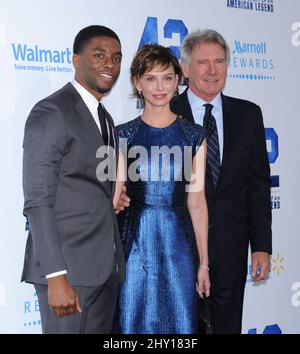 Chadwick Boseman, Harrison Ford and Calista Flockhart attending '42' The True Story of an American Legend premiere held at the TCL Chinese Theatre in Los Angeles, USA. Stock Photo