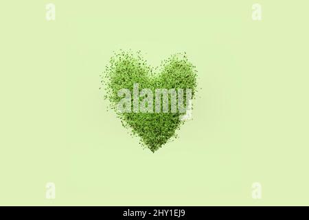 Creative heart shape made of lush fresh green plants and grass placed on empty clear green background representing spring concept Stock Photo