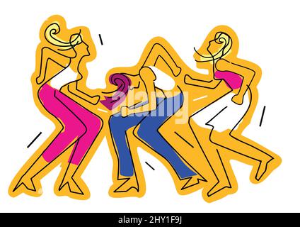 Three dancing girls, wild crazy dance party, line art. Expressive Illustration of dancers. Continuous Line Drawing. Vector available. Stock Vector