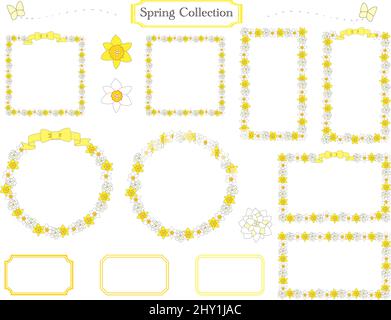 A collection of frames with daffodil flowers: Trumpet daffodils, Poeticus narcissi, early cheer Stock Photo