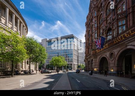 Peter Street outside the Midland Hotel and Central Library in Manchester city centre Stock Photo