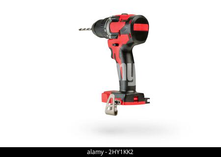 Cordless tool isolated on white background. Cordless screwdriver with a drill inserted into a chuck on a white background. Screwdriver with battery Stock Photo