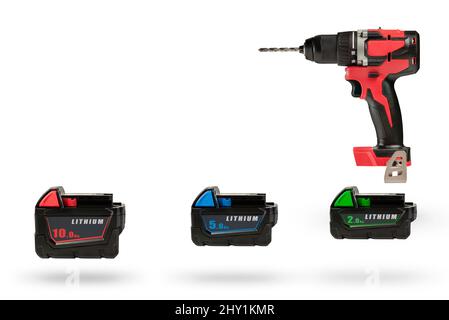 Batteries for cordless tools, a large set of tools from different angles. Batteries for a screwdriver of different capacities and different sizes Stock Photo