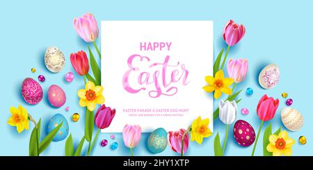Easter eggs, daffodils and tulips. Stock Vector