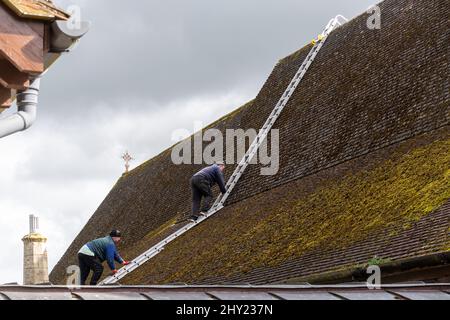 Two men working on ladders on a church roof, UK Stock Photo