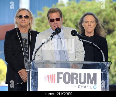 Glenn Frey, Timothy B. Schmit and Joe Walsh, The Eagles at a press conference for the Madison Square Garden Company to announce the revitalisation of The Forum during a press conference at the old Forum Stock Photo