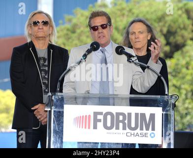 Glenn Frey, Timothy B. Schmit and Joe Walsh, The Eagles at a press conference for the Madison Square Garden Company to announce the revitalisation of The Forum during a press conference at the old Forum Stock Photo