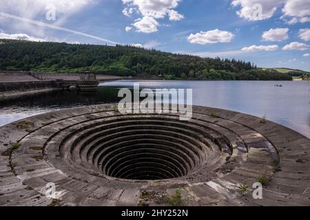 View of a Shaft Spillway in the Ladybower Reservoir in Derbyshire, England Stock Photo