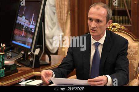 Moscow, Russia. 14th Mar, 2022. Russian Deputy Prime Minister Dmitry Grigorenko, responds to a question from President Vladimir Putin during a face-to-face meeting at the Kremlin, March 14, 2022 in Moscow, Russia. Credit: Mikhail Klimentyev/Kremlin Pool/Alamy Live News Stock Photo