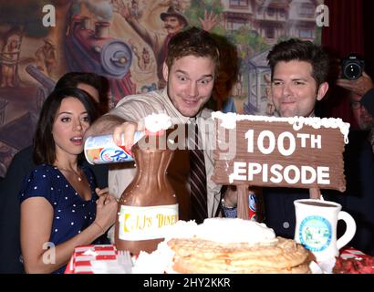 Aubrey Plaza, Chris Pratt and Adam Scott at the Parks and Recreation 100th episode celebration at CBS Radford, Studio City, California. Stock Photo