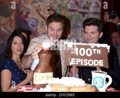 Aubrey Plaza, Chris Pratt and Adam Scott at the Parks and Recreation 100th episode celebration at CBS Radford, Studio City, California. Stock Photo