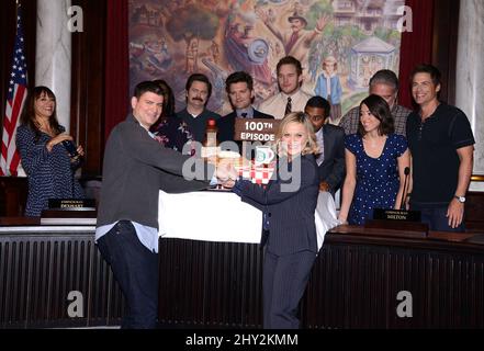 Rashida Jones, Nick Offerman, Retta, Michael Schur, Adam Scott, at the Parks and Recreation 100th episode celebration at CBS Radford, Studio City, California. Stock Photo