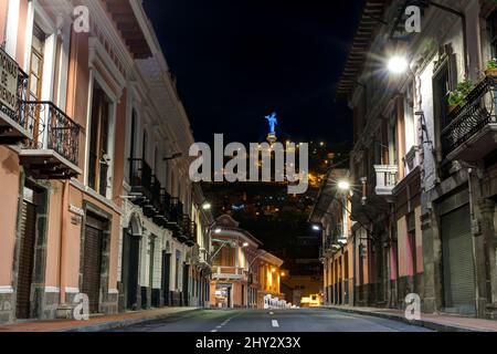 Calle Venezuela with Virgin of El Panecillo (Virgin of Quito) in the background, Quito, Ecuador