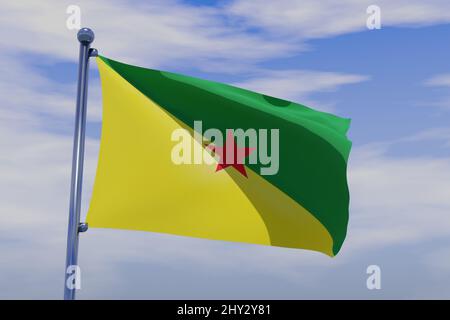 Illustration of Waving flag of French Guiana with chrome flag pole in blue sky waving in the wind. Stock Photo