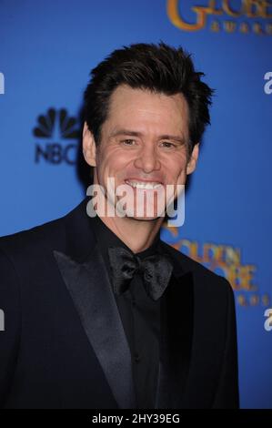 Jim Carrey in the press room of the 71st Annual Golden Globe Awards, held at the Beverly Hilton Hotel on January 12, 2014. Stock Photo