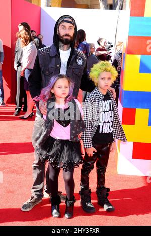 Travis Barker, Alabama Barker and Landon Barker attending 'The Lego Movie' premiere held at the Regency Village Theatre in Los Angeles, USA. Stock Photo