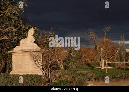 sculpture woman sphinx on a pedestal in the Jardin del Parterre in Aranjuez, Madrid, Spain, Europe Stock Photo
